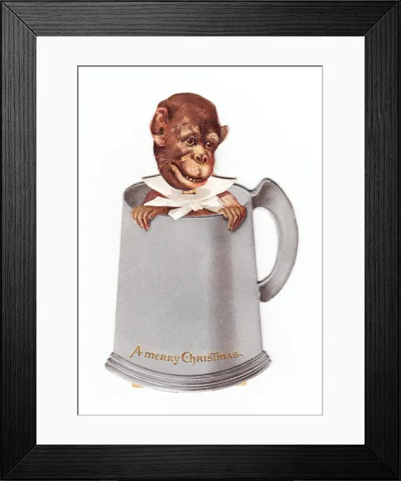Framed Print : Monkey in a tankard on a movable Christmas card Framed Print : Monkey in a tankard on a movable Christmas card