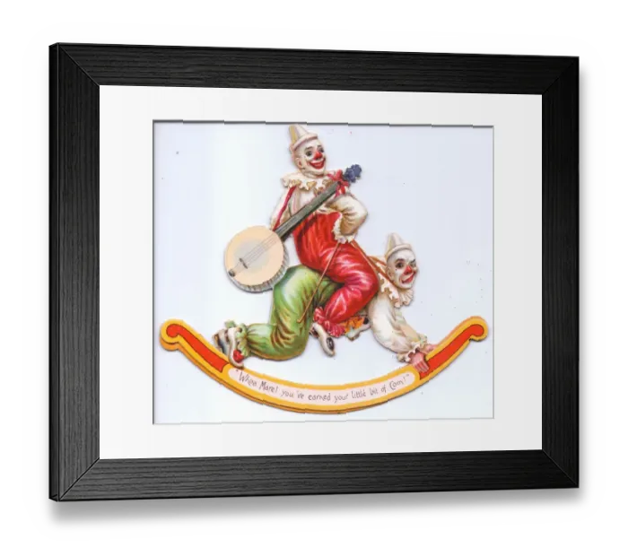 Framed Print : Two clowns on a rocking horse on a movable cutout card Framed Print : Two clowns on a rocking horse on a movable cutout card
