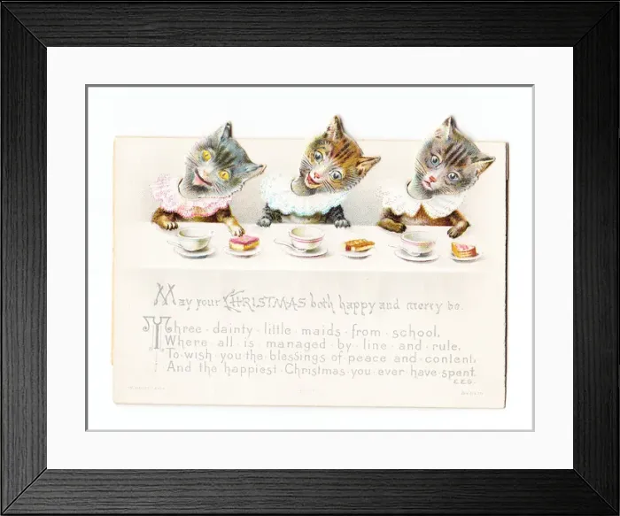 Framed Print : Three cats with moveable heads on a Christmas card Framed Print : Three cats with moveable heads on a Christmas card