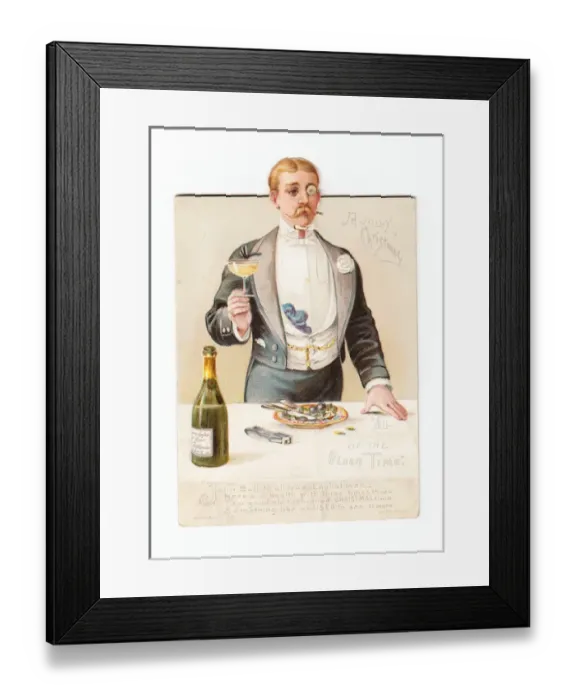 Framed Print : Man with champagne on a movable Christmas card Framed Print : Man with champagne on a movable Christmas card