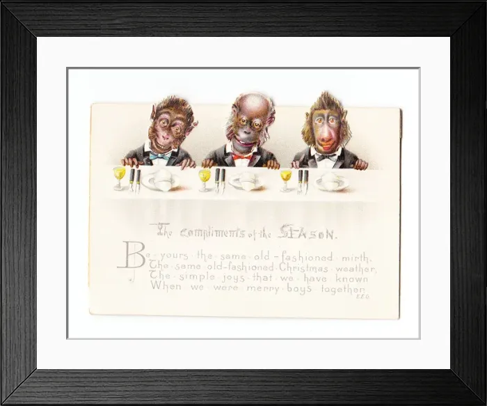 Framed Print : Three monkeys with moveable heads on a Christmas card Framed Print : Three monkeys with moveable heads on a Christmas card