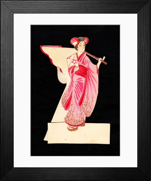 Framed Print : Japanese geisha in a pink kimono on a greetings card Framed Print : Japanese geisha in a pink kimono on a greetings card