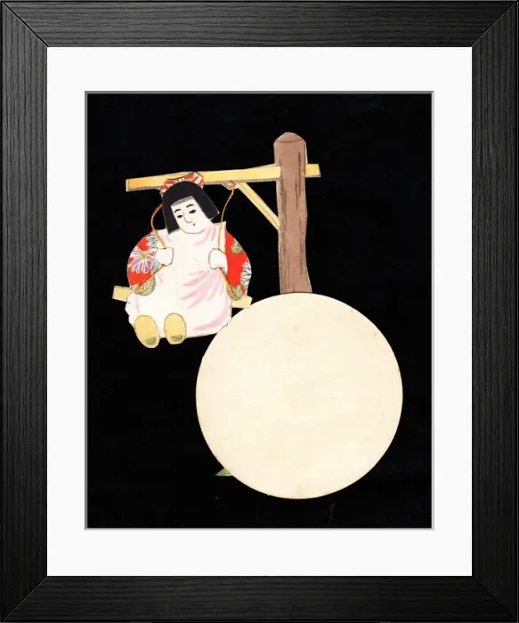 Framed Print : Japanese girl on a swing on a greetings card Framed Print : Japanese girl on a swing on a greetings card