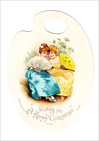 Two girls at a dance on a palette-shaped Christmas card