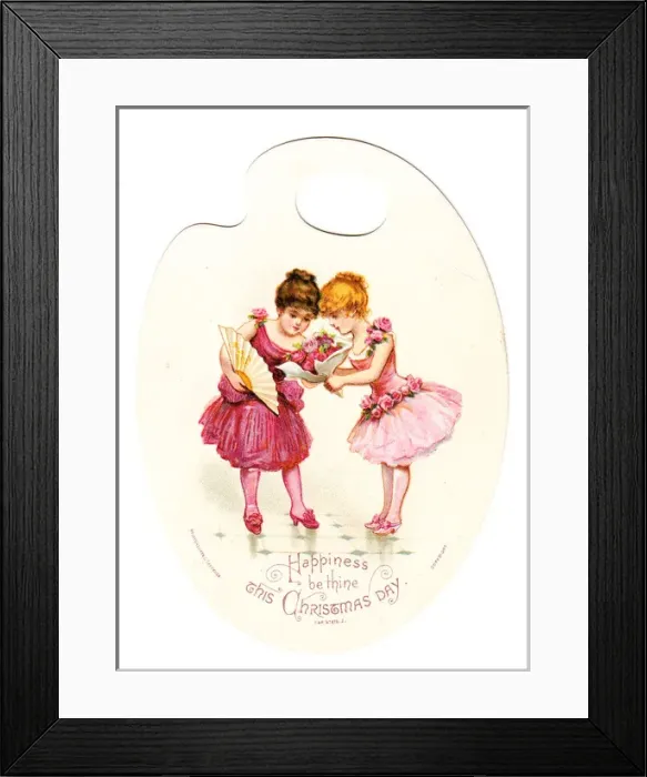 Framed Print : Two girls in pink on a palette-shaped Christmas card Framed Print : Two girls in pink on a palette-shaped Christmas card