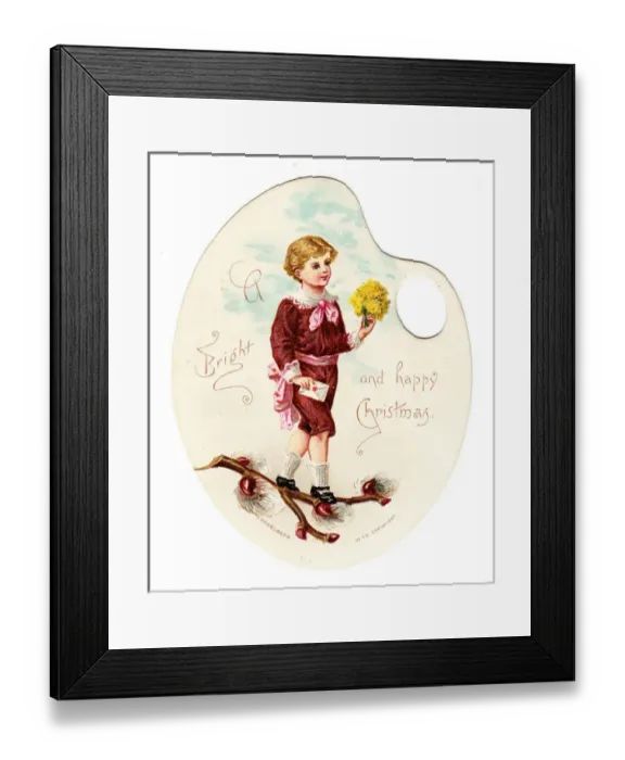 Framed Print : Boy with flowers on a palette-shaped Christmas card Framed Print : Boy with flowers on a palette-shaped Christmas card