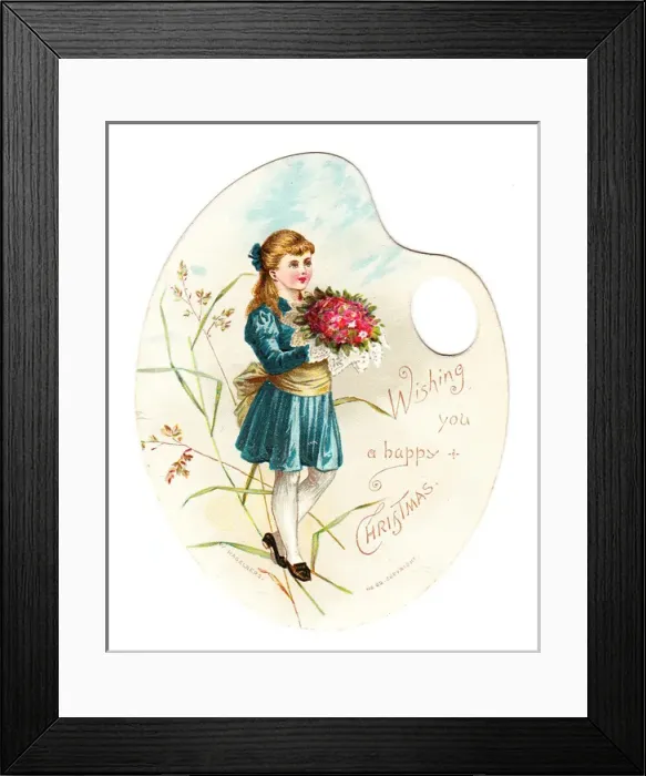 Framed Print : Girl in blue on a palette-shaped Christmas card Framed Print : Girl in blue on a palette-shaped Christmas card