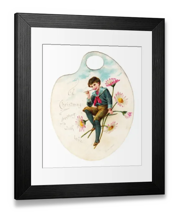 Framed Print : Boy with daisies on a palette-shaped Christmas card Framed Print : Boy with daisies on a palette-shaped Christmas card