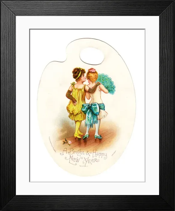 Framed Print : Two girls on a palette-shaped New Year card Framed Print : Two girls on a palette-shaped New Year card
