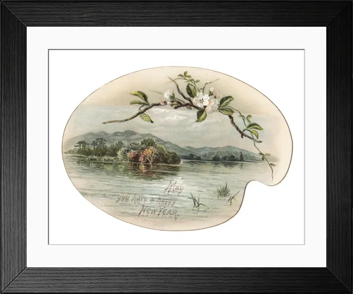 Framed Print : Water and hills on a palette-shaped New Year card