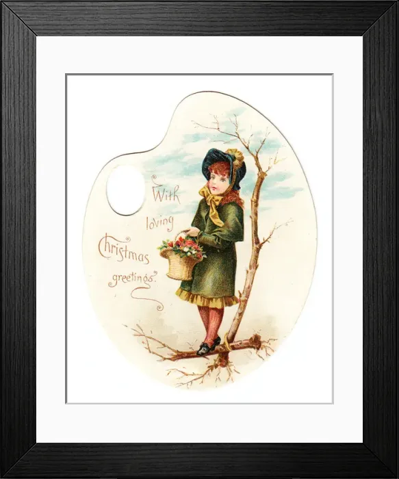 Framed Print : Girl with basket on a palette-shaped Christmas card Framed Print : Girl with basket on a palette-shaped Christmas card