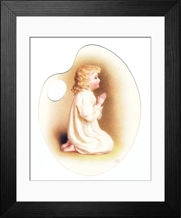 Framed Print : Little girl praying on a palette-shaped greetings card Framed Print : Little girl praying on a palette-shaped greetings card