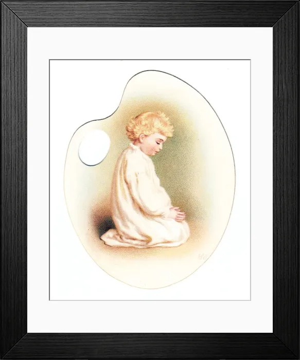 Framed Print : Little boy praying on a palette-shaped greetings card Framed Print : Little boy praying on a palette-shaped greetings card