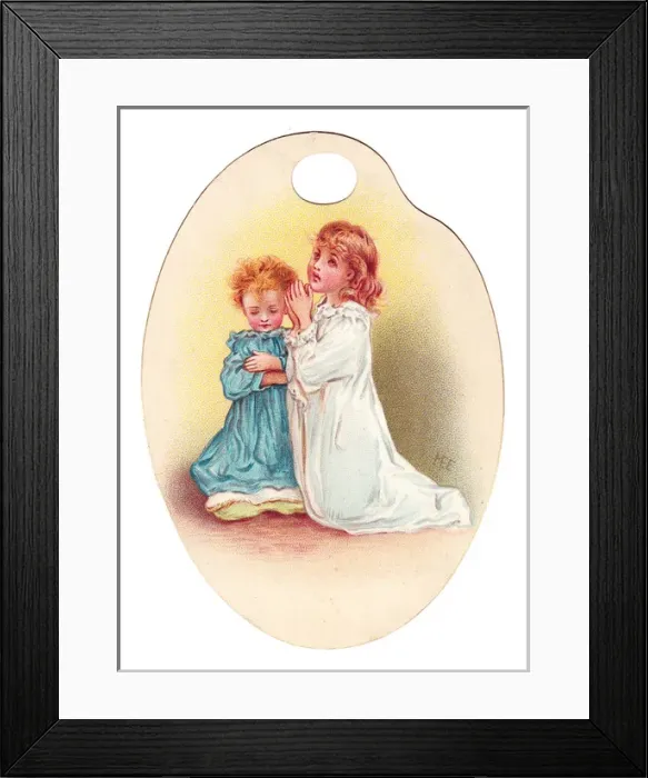 Framed Print : Girl and boy praying on a palette-shaped greetings card Framed Print : Girl and boy praying on a palette-shaped greetings card