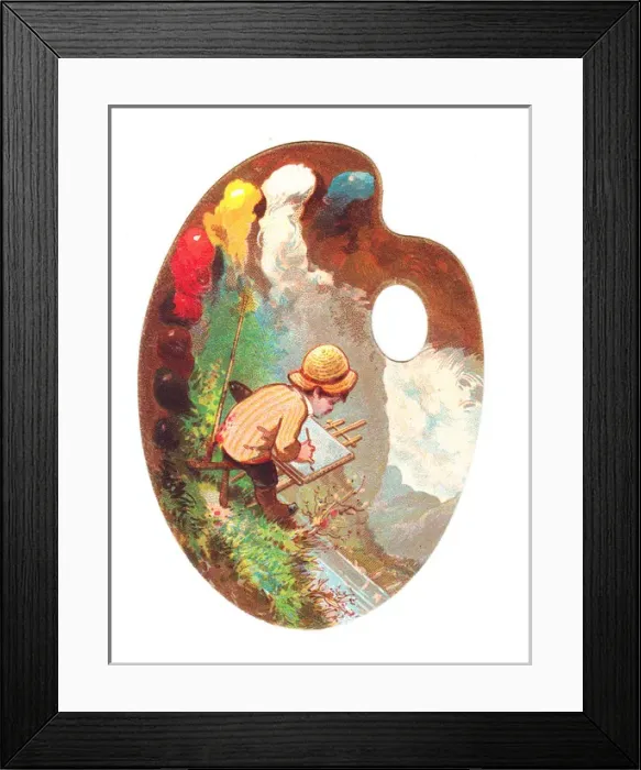Framed Print : Little boy painting on a palette-shaped greetings card Framed Print : Little boy painting on a palette-shaped greetings card