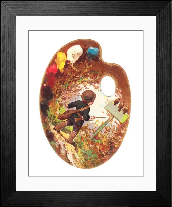 Framed Print : Little boy hunting on a palette-shaped greetings card Framed Print : Little boy hunting on a palette-shaped greetings card