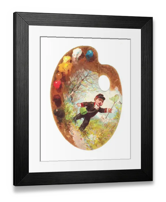 Framed Print : Little boy with net on a palette-shaped greetings card Framed Print : Little boy with net on a palette-shaped greetings card