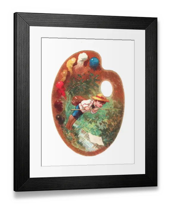 Framed Print : Little boy fishing on a palette-shaped greetings card Framed Print : Little boy fishing on a palette-shaped greetings card