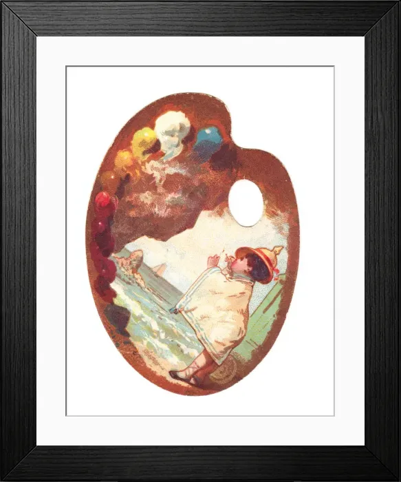 Framed Print : Little boy at the seaside on a palette-shaped greetings card Framed Print : Little boy at the seaside on a palette-shaped greetings card