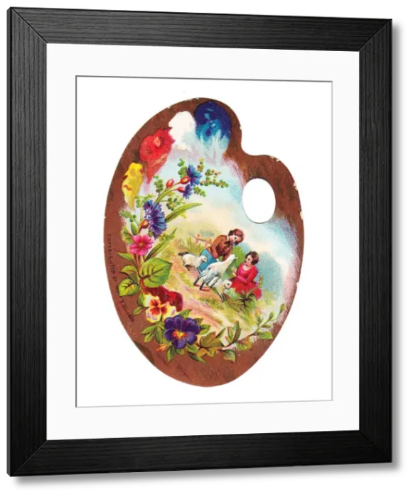 Framed Print : Boy and girl with lambs on a palette-shaped greetings card Framed Print : Boy and girl with lambs on a palette-shaped greetings card