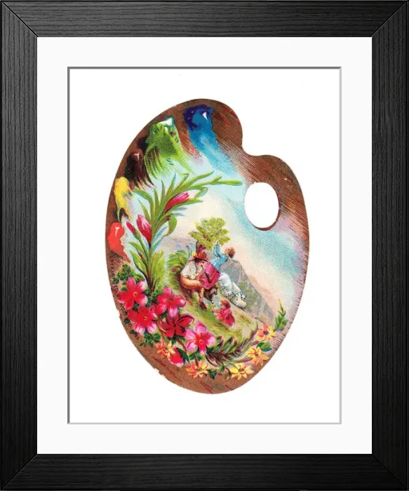 Framed Print : Couple with lambs on a palette-shaped greetings card Framed Print : Couple with lambs on a palette-shaped greetings card