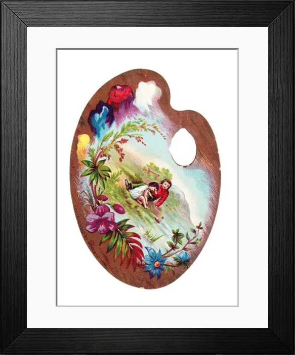 Framed Print : Children with toy boat on a palette-shaped greetings card Framed Print : Children with toy boat on a palette-shaped greetings card