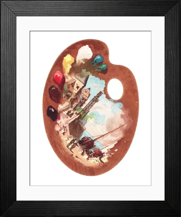 Framed Print : Harbour with boats on a palette-shaped greetings card Framed Print : Harbour with boats on a palette-shaped greetings card