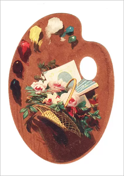 Basket of flowers on a palette-shaped greetings card