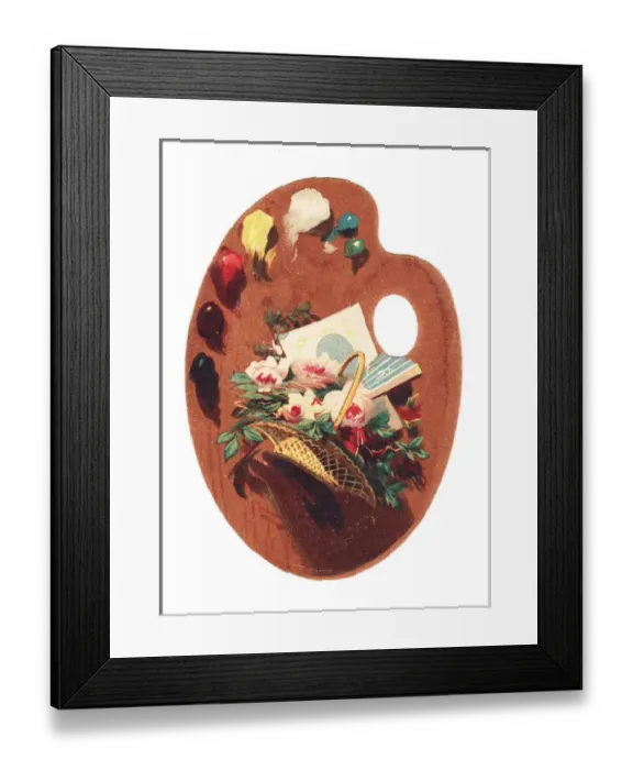 Framed Print : Basket of flowers on a palette-shaped greetings card Framed Print : Basket of flowers on a palette-shaped greetings card