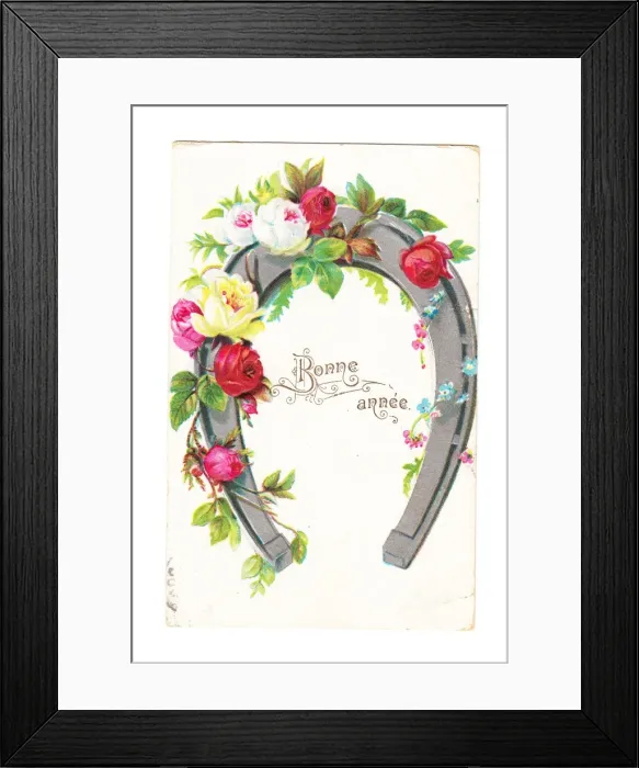 Framed Print : Roses and horseshoe on a French New Year postcard Framed Print : Roses and horseshoe on a French New Year postcard
