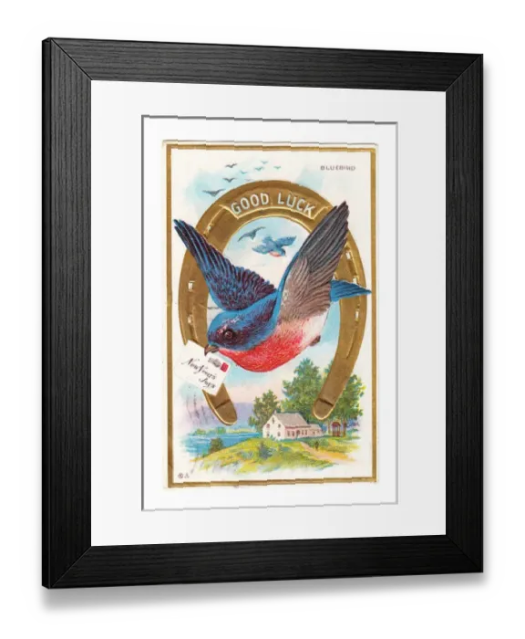 Framed Print : Bluebird and horseshoe on a Good Luck New Year postcard Framed Print : Bluebird and horseshoe on a Good Luck New Year postcard