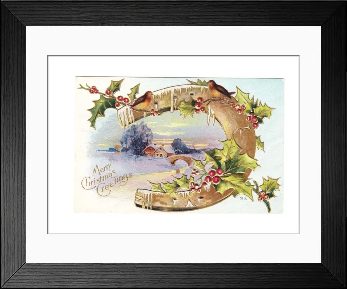 Framed Print : Robins, holly and a horseshoe on a Christmas postcard Framed Print : Robins, holly and a horseshoe on a Christmas postcard
