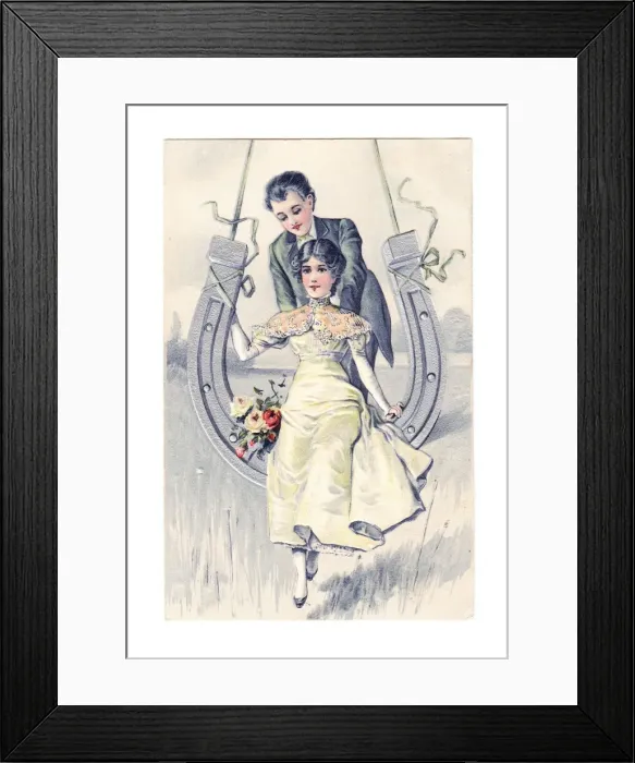 Framed Print : Couple on a horseshoe on a wedding postcard Framed Print : Couple on a horseshoe on a wedding postcard
