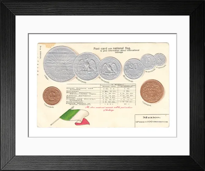 Framed Print : Postcard, Mexican flag and coins Framed Print : Postcard, Mexican flag and coins