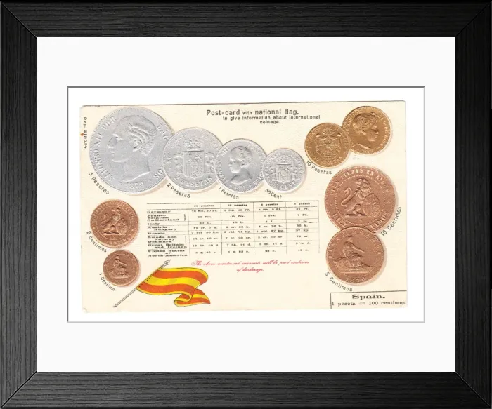 Framed Print : Postcard, Spanish flag and coins Framed Print : Postcard, Spanish flag and coins