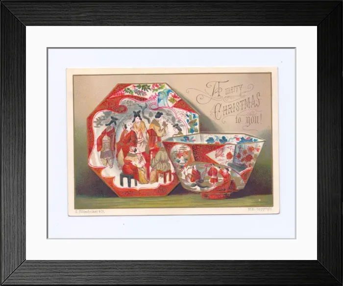 Framed Print : Oriental china plate and bowl on a Christmas postcard Framed Print : Oriental china plate and bowl on a Christmas postcard