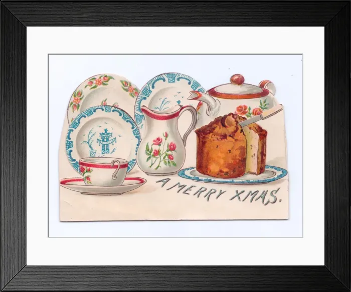 Framed Print : China pottery and cake on a Christmas postcard Framed Print : China pottery and cake on a Christmas postcard