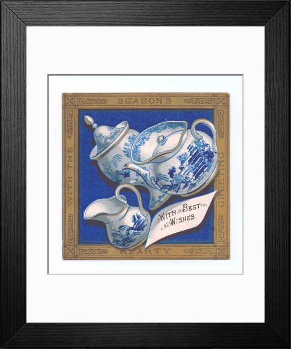 Framed Print : Blue and white china on a Christmas postcard Framed Print : Blue and white china on a Christmas postcard