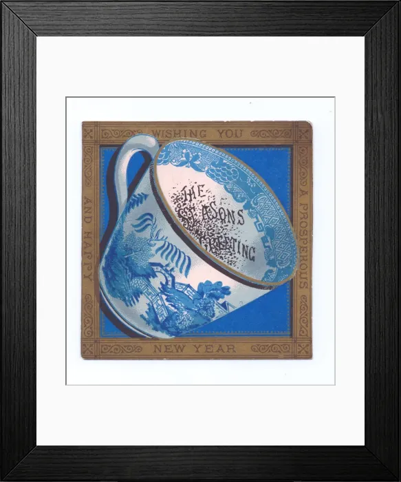 Framed Print : Blue and white china cup on a New Year postcard Framed Print : Blue and white china cup on a New Year postcard