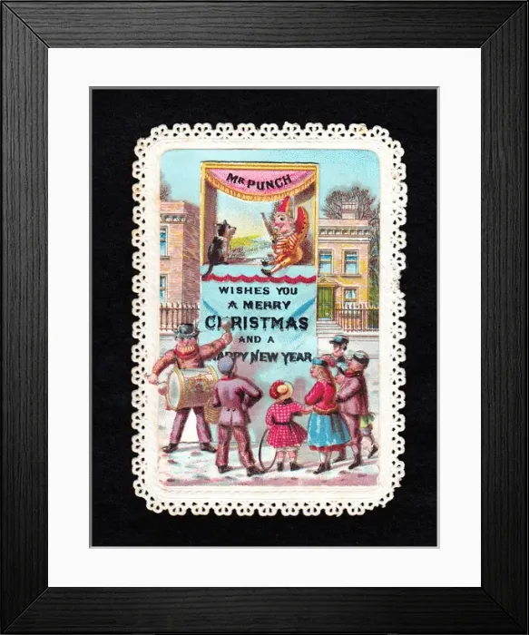 Framed Print : Punch and Judy show on a Christmas and New Year card Framed Print : Punch and Judy show on a Christmas and New Year card