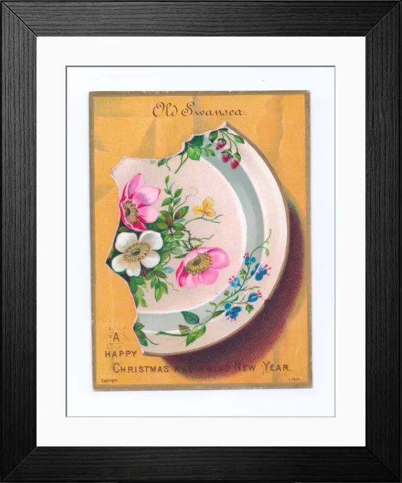 Framed Print : Broken Old Swansea china plate on a Christmas postcard Framed Print : Broken Old Swansea china plate on a Christmas postcard