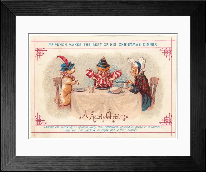 Framed Print : Mr Punch, Judy and Toby on a Christmas card Framed Print : Mr Punch, Judy and Toby on a Christmas card