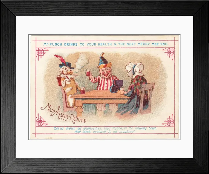 Framed Print : Mr Punch, Judy and Toby on a Christmas card