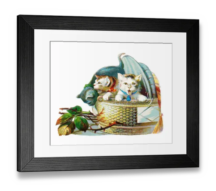 Framed Print : Three cats in a basket on a Victorian scrap Framed Print : Three cats in a basket on a Victorian scrap
