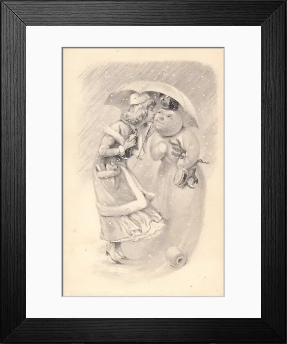 Framed Print : Snowman and young woman on a Christmas postcard Framed Print : Snowman and young woman on a Christmas postcard