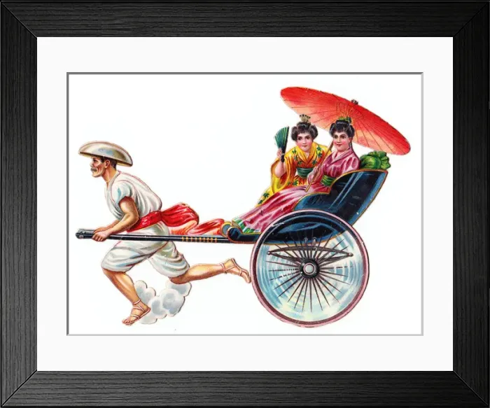 Framed Print : Two women in a rickshaw on a Victorian scrap Framed Print : Two women in a rickshaw on a Victorian scrap