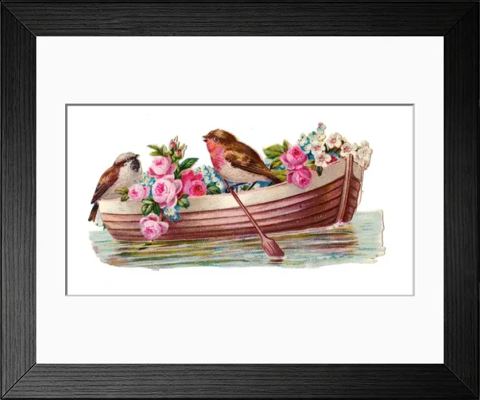 Framed Print : Birds and flowers in a boat on a Victorian scrap Framed Print : Birds and flowers in a boat on a Victorian scrap