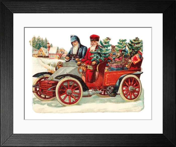 Framed Print : Father Christmas in a car on a Victorian scrap Framed Print : Father Christmas in a car on a Victorian scrap