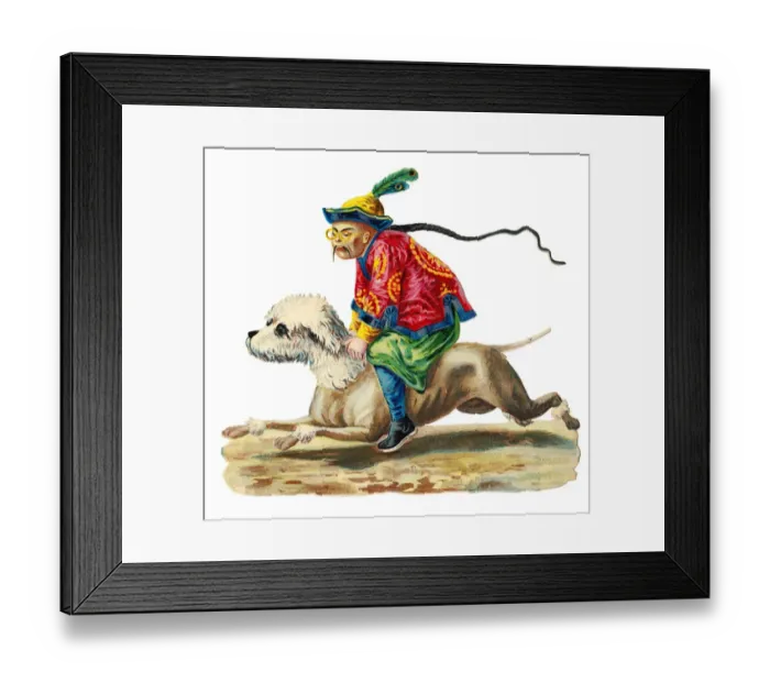 Framed Print : Oriental man riding a dog on a Victorian scrap