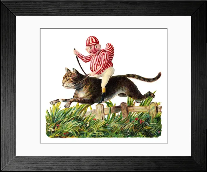 Framed Print : Mr Punch as jockey riding a cat on a Victorian scrap Framed Print : Mr Punch as jockey riding a cat on a Victorian scrap